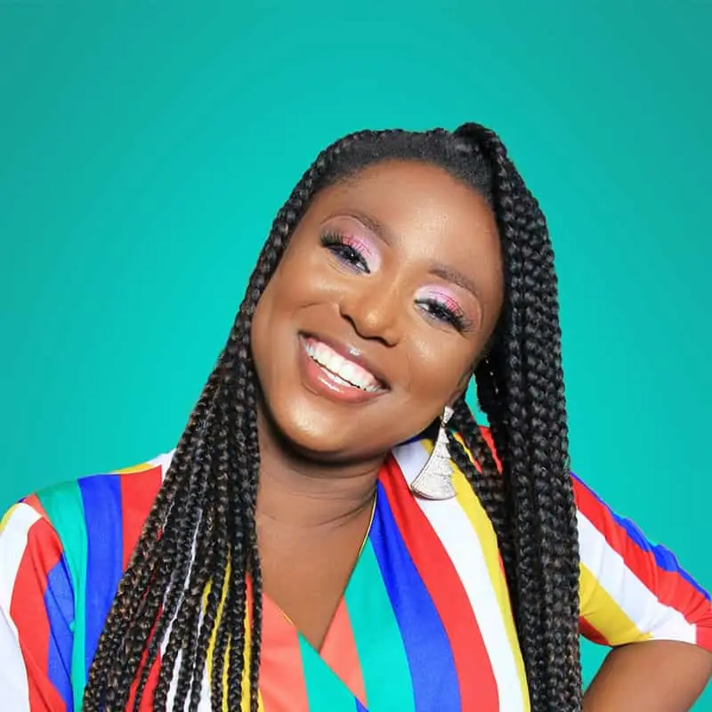 Smiling woman in a colourful dress
